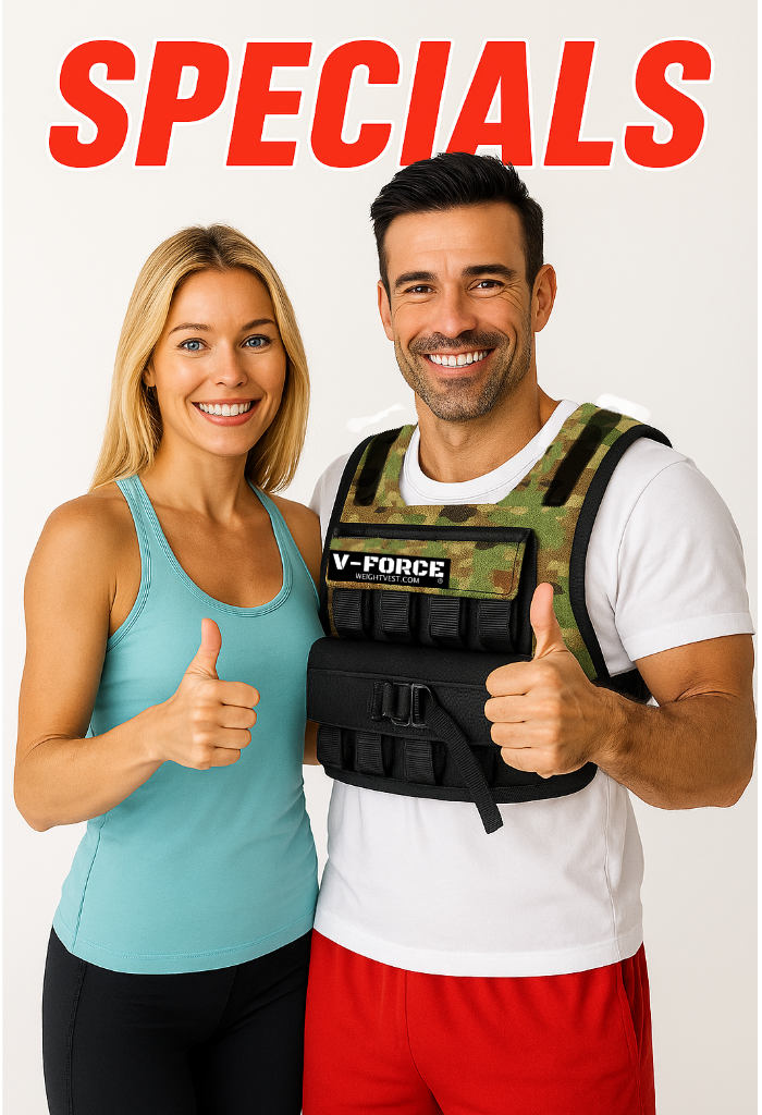 Man wearing a weighted vest with a woman, both giving thumbs up, on a promotional background with 'SPECIALS' text.