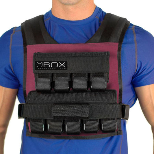 Man wearing BOX 45 lb CrossFit and gym-specific weight vest in bordeaux – USA-made short weighted vest for high-intensity training and strength workouts