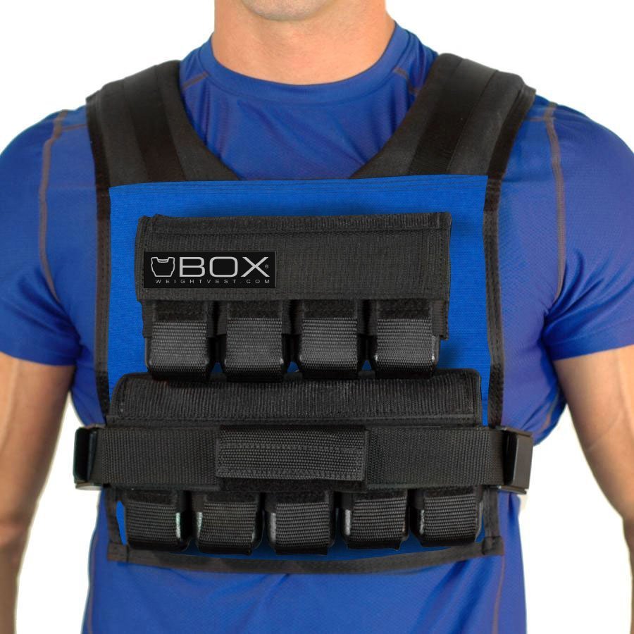Man wearing BOX 45 lb CrossFit and gym-specific weight vest in mariner – USA-made short weighted vest for high-intensity training and strength workouts